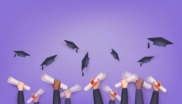 毕业的学生手穿长袍抛掷毕业帽 持有毕业文凭的手 3D矢量图解 — 图库矢量图片