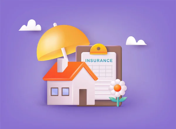有雨伞图标的保险房 家居及家居保障保单业务服务 财产保险和安全概念 3D网页矢量图解 — 图库矢量图片