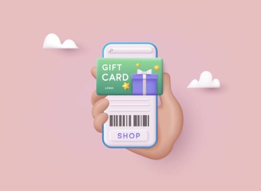 Hediye kartı ve promosyon stratejisi, hediye çeki, indirim kuponu ve hediye çeki konsepti. Shopp uygulamalı cep telefonuyla el ele tutuşmak. 3B Web Vektör Resimleri.