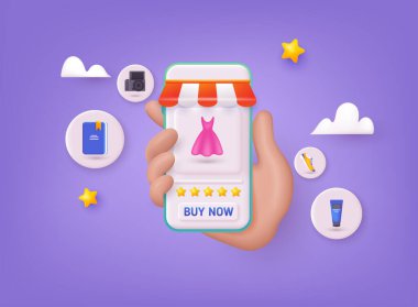 Online alışveriş uygulaması ve web sitesi konsepti, dijital pazarlama çevrimiçi, akıllı telefon ekranında yeni ürünleri olan alışveriş arabası. 3B Web Vektör Resimleri.