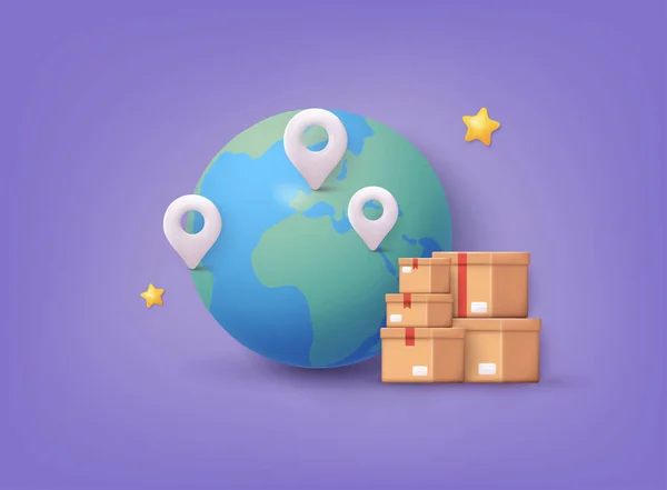 Pile Stacked Sealed Goods Cardboard Boxes Map Delivery Tracking Gps — Vector de stock