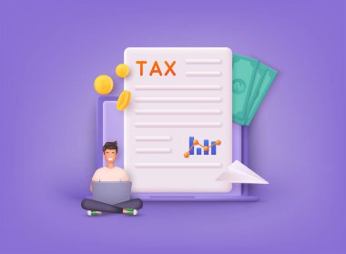 Çevrimiçi vergi ödemesi. Vergi formunu dolduruyorum. Takvim Vergi ödeme tarihini gösteriyor. Muhasebe ve Mali Yönetim Konsepti. 3B Web Vektör Resimleri.
