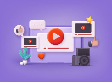 İçerik yaratıcıları. Video kanalı çevrimiçi simgesi. Video pencereleri havada uçuşuyor. İnternet video klipleri ve metro konsepti. 3B Web Vektör Resimleri.