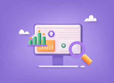 Veri analizi, torpido gözü ve iş finans raporu. Yatırım ya da web sitesi SEO ekran PC konsepti. 3B Web Vektör Resimleri.