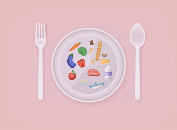健康食品和节食的概念 用盘子和餐具计划你的饭菜 3D网页矢量图解 — 图库矢量图片