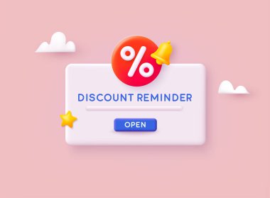 Hediye kuponu ve indirimi hakkında bilgilendirme ya da mesaj. İnternetten alışveriş, indirim teklifi, satış, promosyon. 3B Web Vektör Resimleri.