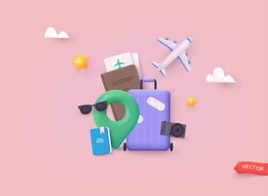 Seyahat ve turizm unsurlarıyla dolu bir pankart. Sırt çantası, çanta, harita, dünya ve mesaj için yer gibi renkli turistik nesneler. Yaz tatili geçmişi. 3B Web Vektör Resimleri.