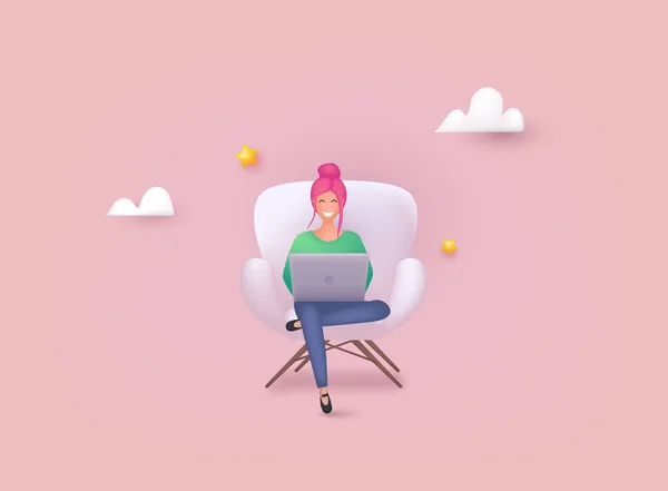 Menina Com Laptop Sentado Cadeira Freelance Conceito Estudo Ilustrações Vetoriais —  Vetores de Stock