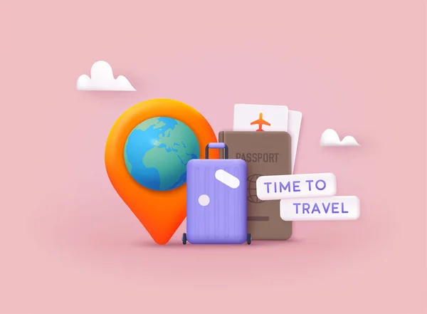 Zeit Reisen Reisebanner Mit Reisepass Fahrkarte Reisetasche Web Vector Illustrationen — Stockvektor
