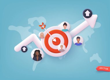 Pazarlama zamanı konsepti. İşletmeyi hedef alıyor. Müşteri çekme kampanyası, doğru tanıtım, reklam işi. 3B Web Vektör Resimleri.