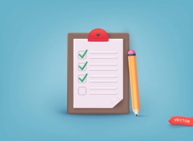 Pano kağıdındaki kontrol listesi. İş görevlerinin başarıyla tamamlanması. 3B Web Vektör Resimleri.