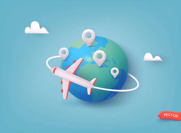在世界各地坐飞机旅行 在各国坐飞机旅行 在全球地图上旅行销的位置 3D网页矢量图解 — 图库矢量图片