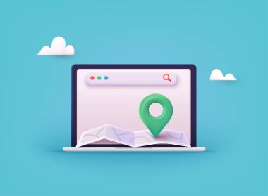 Konum katlanmış kağıt harita, arama çubuğu ve iğne izole edildi. GPS ve Navigasyon Sembolü. Harita, Sosyal Medya, Mobil Uygulamalar Elemanı. 3B Web Vektör Resimleri.