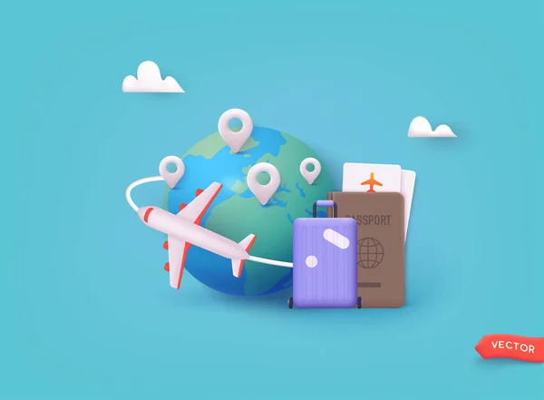 Bagages Passeports Avions Autour Planète Pour Faire Publicité Sur Tourisme — Image vectorielle