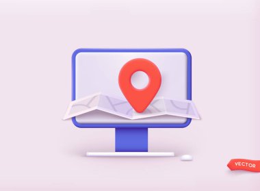 İğneli harita. Katlanmış şehir haritasında kırmızı yön işaretleyici, GPS navigasyon ve seyahat yeri. 3B Web Vektör Resimleri.