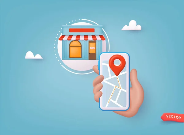 Ręczne Trzymanie Smartfona Komórkowego Sklepem Aplikacjami Znajdź Najbliżej Mapie Miasta — Wektor stockowy