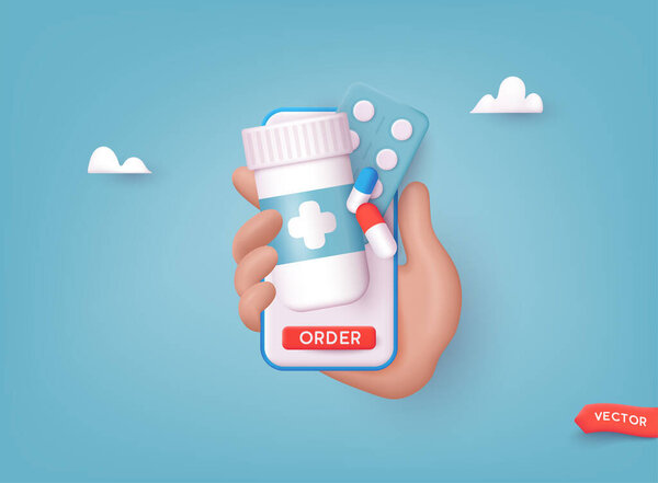 Human hand holding mobile phone for medicine online payment. Home delivery pharmacy service. 3D Web Vector Illustration.