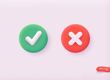 Kene ve çapraz işaretler. Yeşil işaret OK ve kırmızı X simgeleri. 3B Web Vektör Resimleri.