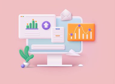 Veri analizi, torpido gözü ve iş finans raporu. Yatırım ya da web sitesi SEO ekran PC konsepti. 3B Web Vektör Resimleri.