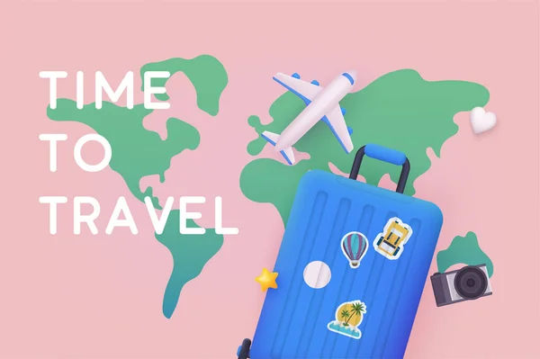 旅行时间矢量背景设计 时间旅行文字与3D行李和飞机 Web向量说明 — 图库矢量图片