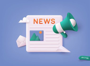 Kavram Haberleri güncellemesi. Gazete simgesi, etkinlikler, şirket bilgileri ve web sayfası duyuruları hakkında bilgi. 3B Web Vektör Resimleri.