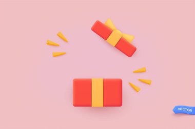 Sarı kurdeleli kırmızı hediye kutusunu aç. 3B Web Vektör Resimleri.