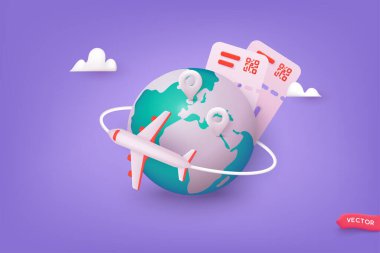 Dünya çapında uçakla seyahat, çeşitli ülkelerde uçak yolculuğu, küresel bir haritada seyahat broşu konumu. 3B Web Vektör Resimleri.