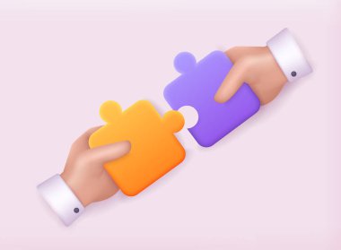 Üç boyutlu yapboz parçaları. Yapboz parçalarını tutan. Takım çalışmasının sembolü. İş çözümleri, başarı ve strateji kavramı. 3B Vektör Resimleri.