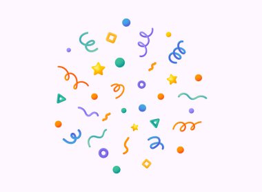 3 boyutlu parti konfeti seti White 'ta izole edildi. Parti illüstrasyonu için renkli şablon, sürpriz, kutlama, hediye, doğum günü davetiyesi. 3B Web Vektör Resimleri.