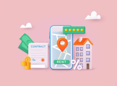 Gayrimenkul, emlak sigortası ve yatırım çizimi. Gayrimenkul al ve bankaya kredi öde. Soyut mülkiyet anlaşması görselleştirmesi. 3B Vektör Resimleri.