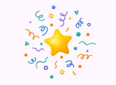 Yıldız izole edilmiş renkli parlak konfeti. Şenlik arkaplanı. Renkli konfetiyle parti tasarımı. 3B Web Vektör Resimleri.