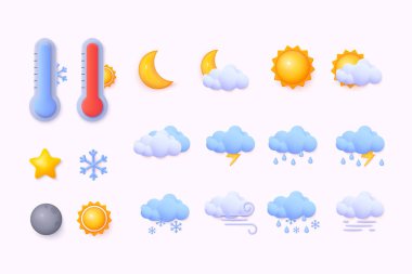 Beyaz bulutlar, yapraklardaki çiy taneleri, sis işareti, gece gündüz hava tahmini tasarımı. 3B Web Vektör Resimleri.