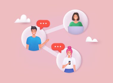 Düğüm ve çizgilerle birbirine bağlı insanların sosyal bağlantıları. 3B Web Vektör Resimleri.