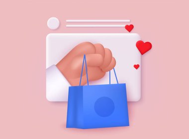 Çizgi film el ele tutuşma torbası ekrandan çıkıyor. Çevrimiçi alışveriş veya teslimat konsepti çizimi. 3B Web Vektör Resimleri.