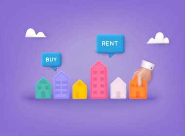 Buy or Rent konuşma baloncuklarıyla el ele tutuşmak. Ev seçimi, ev projesi, gayrimenkul konsepti, 3 boyutlu resim. 3B Web Vektör Resimleri.