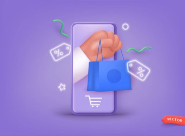 Telefon ekranından el ele tutuşma torbası geliyor. Çevrimiçi alışveriş veya teslimat konsepti çizimi. 3B Web Vektör Resimleri.