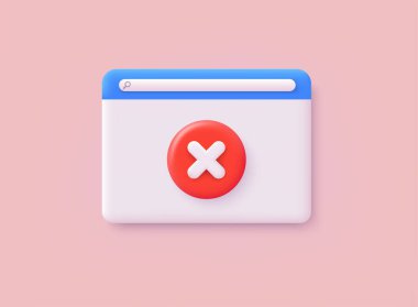 Kırmızı X işaretli bir web sayfası. Negatif sonuç, iptal, hata ve reddetme kavramı. 3B Web Vektör Resimleri.