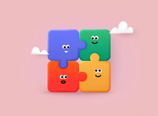 Jigsaw Puzzle Cute Cartoon Face Team Concept Various Emotions Tiling Stock Illustration