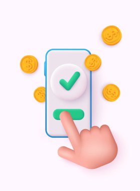 Para ödeme para transfer sistemi. Çevrimiçi ödeme ikonu konsepti. Nakit para biriktirip para paylaşımı yapıyor. 3B Web Vektör Resimleri.