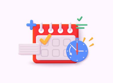 İşaretli takvim simgesi. Zaman düzenleme etkinliği. Proje ekibini ayarla. 3B Web Vektör Resimleri.