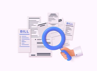 Faturaları ödemek faturaları tutmak ve büyüteç kullanmak. Kamu hizmeti, banka, restoran ve diğerleri. 3B Web Vektör Resimleri.