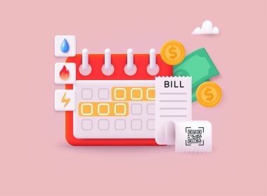 Kamu hizmetinin ödenmesi için hatırlatma. Tam zamanında ödeme planlama. Hatırlatma uygulaması. 3B Vektör Resimleri.