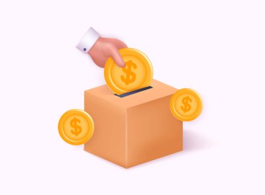 İnsan eli, insanlara ihtiyaç duyduğu için bağış kutusuna altın para koyuyor. 3B Web Vektör Resimleri.