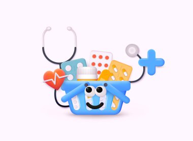 İlk yardım için farklı haplar içeren gerçekçi 3D alışveriş arabalı bir poster. İlaç koleksiyonu kavramı 3D Web Vektörü Resimleri.