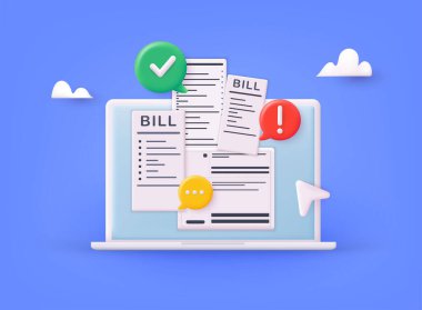 Faturaları ve vergileri bilgisayarda öde. Kamu hizmeti, banka, restoran ve diğerleri. 3B Web Vektör Resimleri.