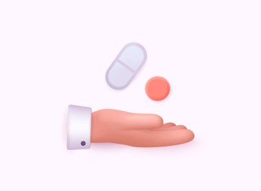 Doktor ya da eczacı karikatür el büyük beyaz tablet ya da hap tutuyor. İlaç ve tıbbi bakım konsepti. Vektör 3d illüstrasyon