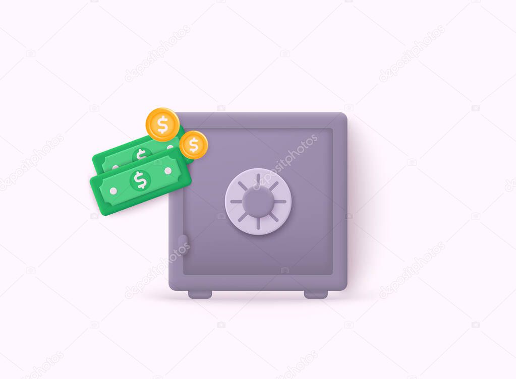 Safe 3d icon. Creative Safe icon with dollar cash  for web design, templates, infographics and more. 3D Web Vector Illustrations.