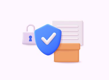 Koruma kalkanı. Veri güvenliği kavramı. Kalkanlı ve mesajlı akıllı telefon, güvenlik ve mahremiyet kavramı. 3B Vektör Resimleri.