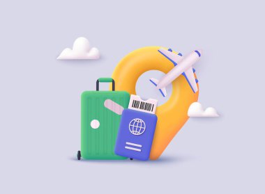 Uçak, bavul, pasaport ve işaret olmak üzere üç boyutlu seyahat unsurları. Turizm, seyahat ve tatil konuları için harika. 3B Web Vektör İllüstrasyonu.
