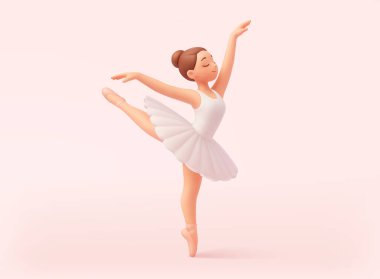 Beyaz elbiseli zarif balerin parmak uçlarında zarif bir şekilde dans ediyor. 3B Web Vektör Resimleri.